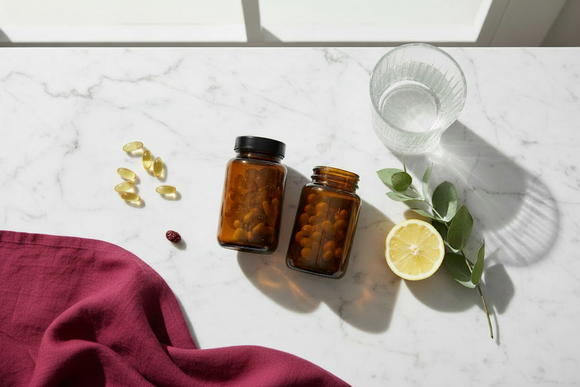 Amber supplement bottles with vitamin capsules, lemon and water on a marble surface representing everyday wellness and core supplements.
