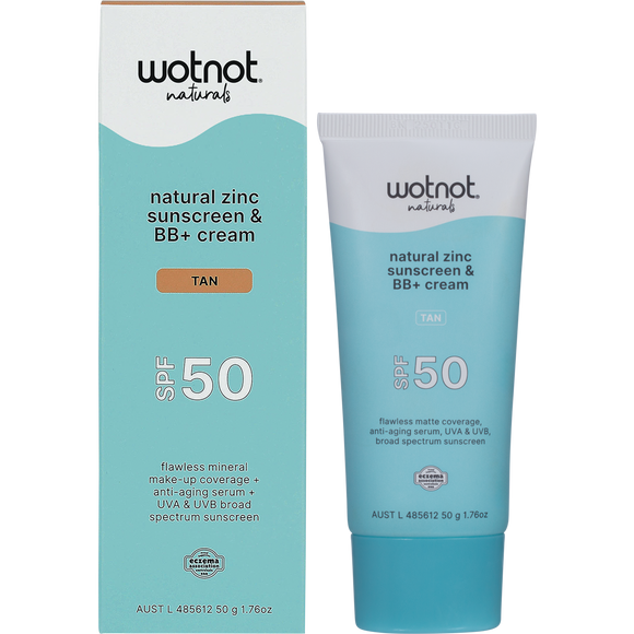 Wotnot Naturals Natural Zinc Sunscreen & BB+ Cream SPF50 Tan 50g