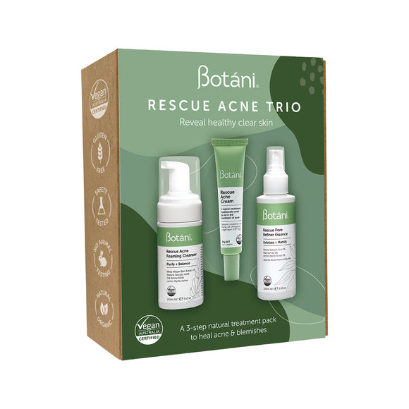 Botani Rescue Acne Trio Pack with foaming cleanser, pore refiner essence and acne cream