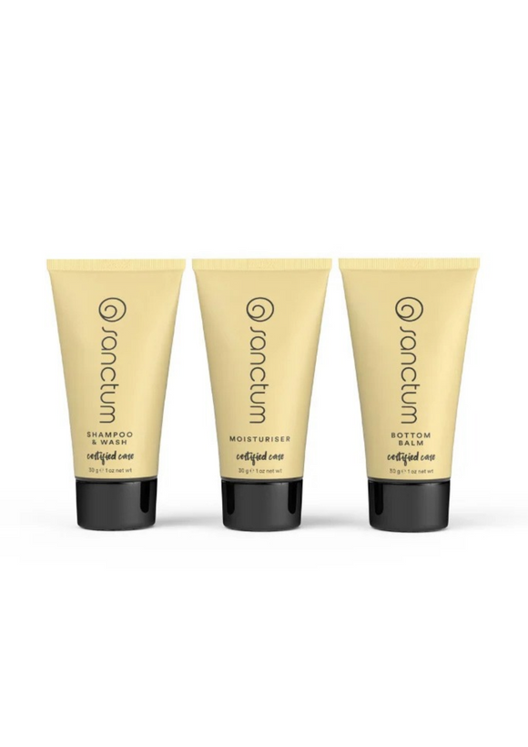 Sanctum Shampoo & Wash, Moisturiser and Bottom Balm tubes