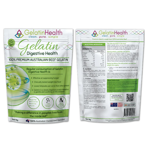 Gelatin Health Digestive Health 100% Premium Australian Beef Gelatin 1kg front and back