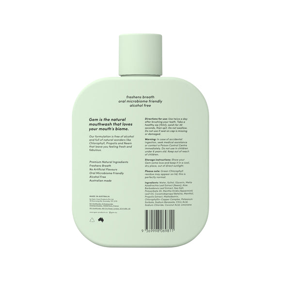 Gem Premium Natural Mouthwash Crisp Mint 500ml back with ingredients and directions