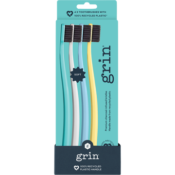 Grin 100% Recycled Charcoal Toothbrush Soft Summer 4 Pack