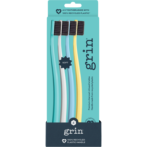 Grin 100% Recycled Charcoal Toothbrush Soft Summer 4 Pack