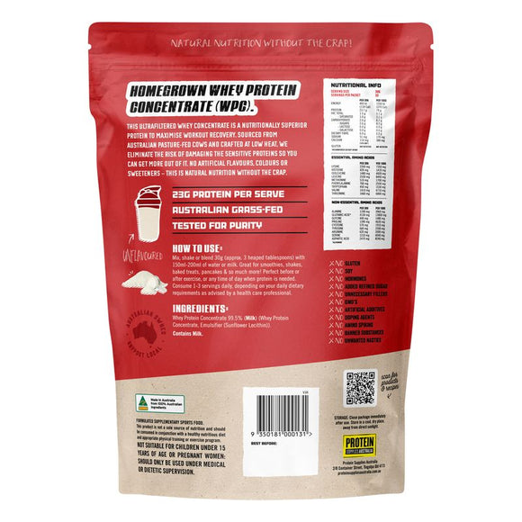 Protein Supplies Australia WPC Whey Protein Concentrate Unflavoured 1kg back with ingredients and nutrition info