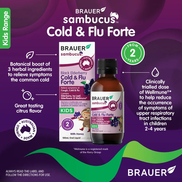 Brauer Sambucus Black Elderberry Kids Cold & Flu Forte With Honey Oral Liquid 100ml