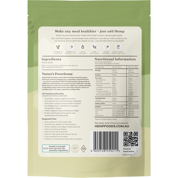 Hemp Foods Australia Organic Hemp Seeds Hulled 250g