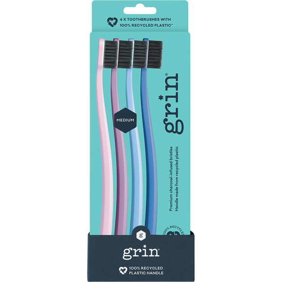 Grin 100% Recycled Charcoal Toothbrush Medium 4 Pack