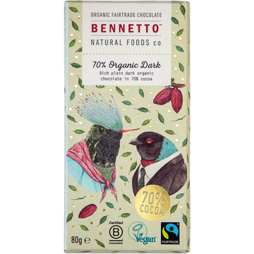 Bennetto Natural Foods Co Organic Fairtrade 70% Dark Chocolate 80g