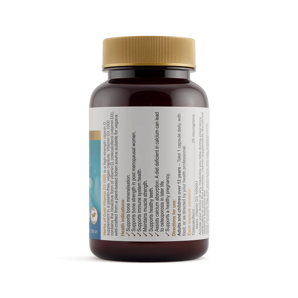 Herbs of Gold Vitamin D3 1000 120 Capsules - side label