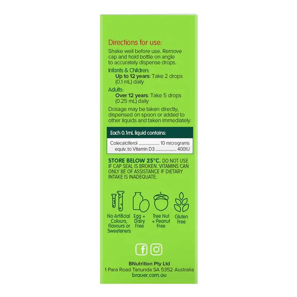 Brauer Baby & Kids Liquid Vitamin D 400IU - directions and ingredients panel