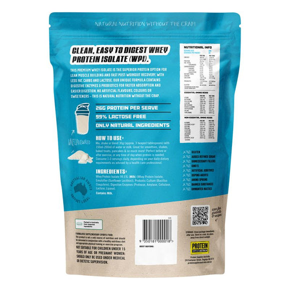 Protein Supplies Australia WPI Whey Protein Isolate Unflavoured 1kg - back ingredients