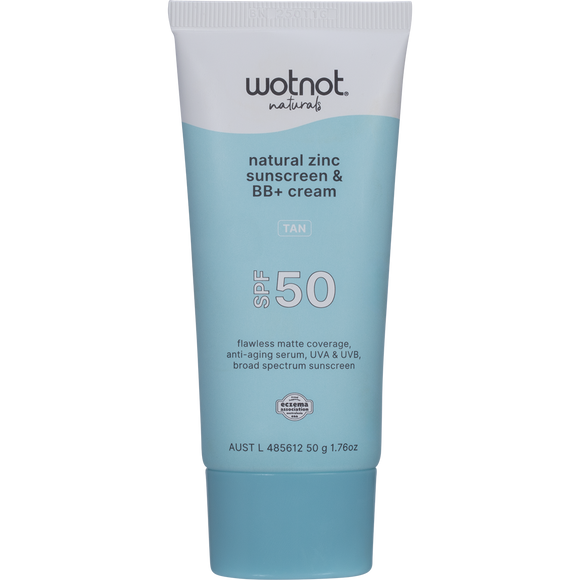 Wotnot Naturals Natural Zinc Sunscreen & BB+ Cream SPF50 Tan 50g